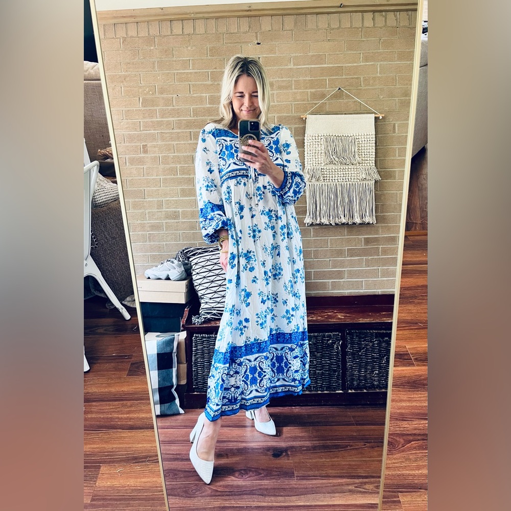 White and Blue Floral Maxi Dress with Tie Neck